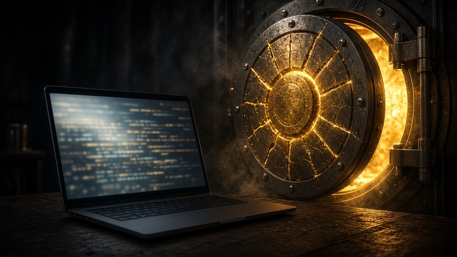 An open laptop on a dark desk and, behind it, a vault door standing ajar with a cracked gold coin, yellow light breaking through the cracks.