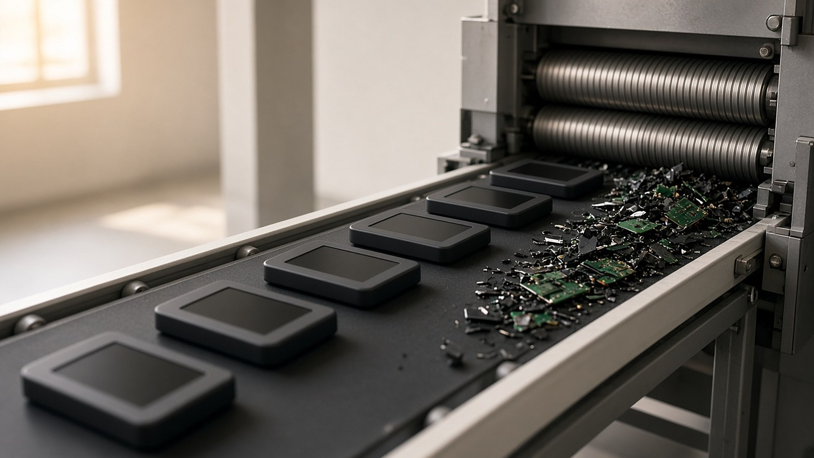 Identical unbranded electronic devices riding a conveyor toward the rollers of an industrial shredder.