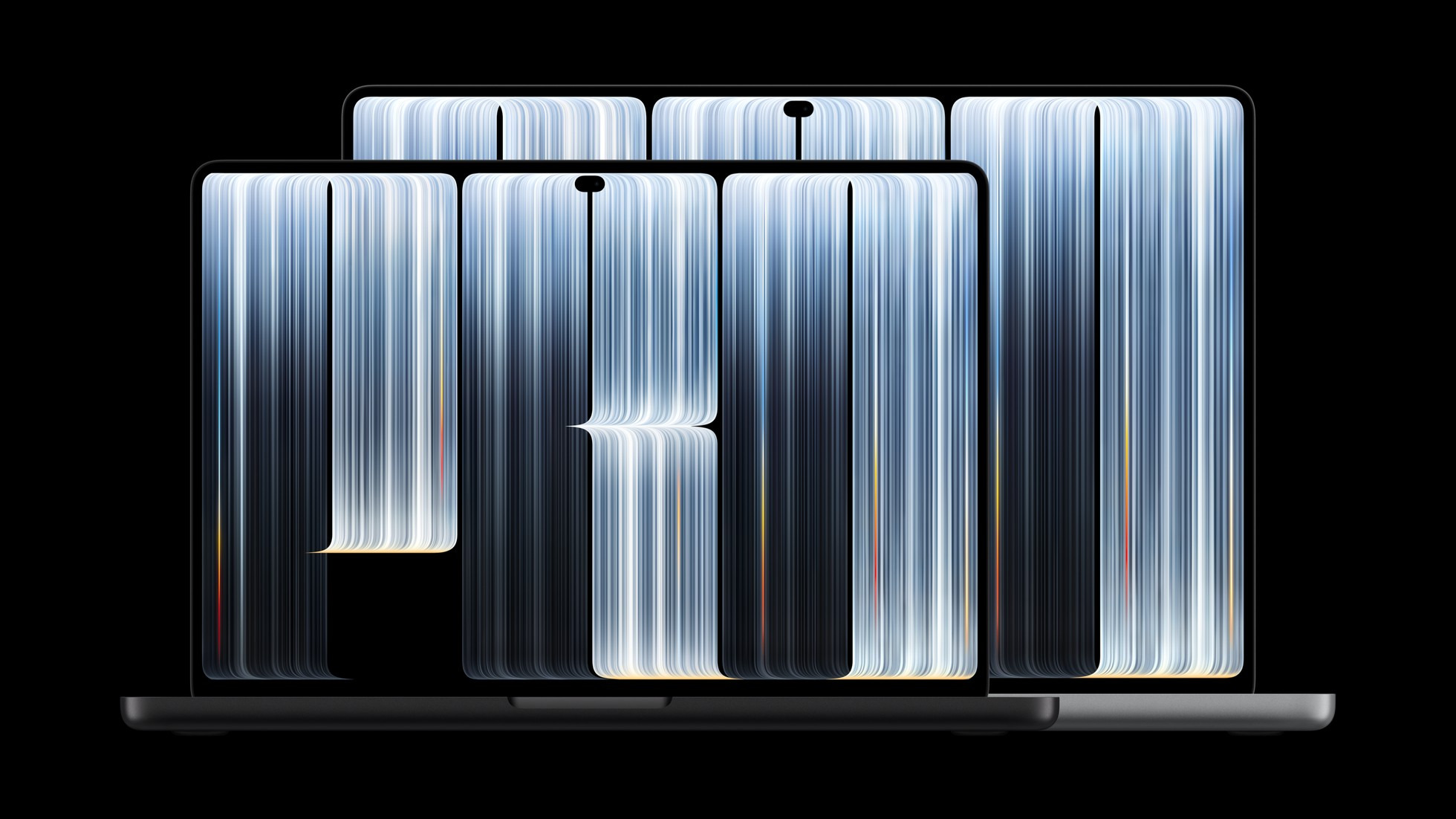 Two MacBook Pro laptops with PROLED XDR displays on a black background.
